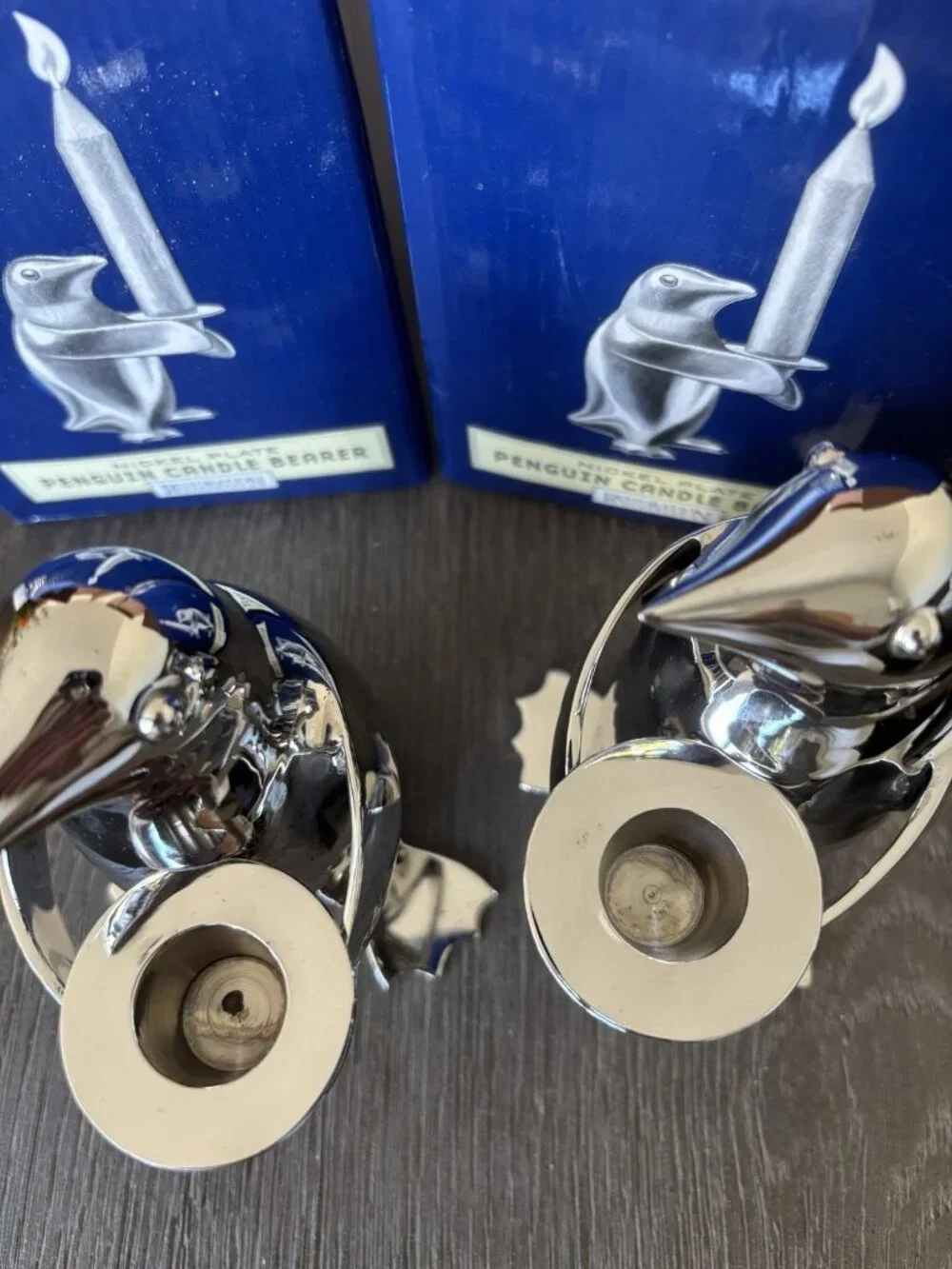 RESTORATION HARDWARE Silver Plate Penguins Candle Bearer Holder Brass Set Of 2